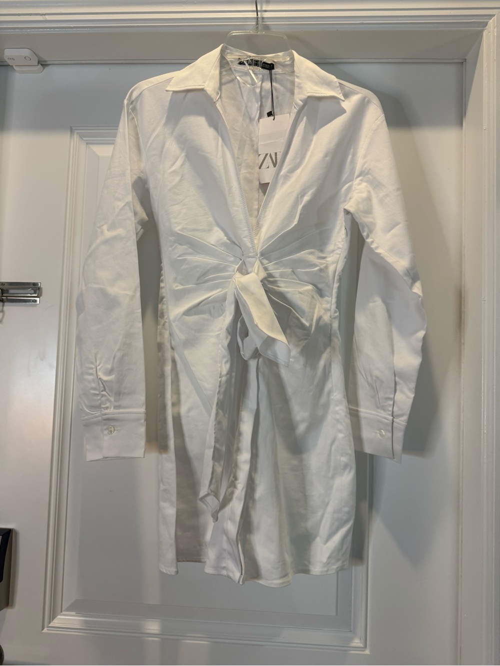 Zara White Long-Sleeve Tie-Front Shirt Dress
